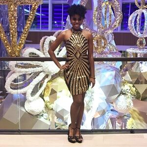 Gold and Black Sequin Halter Dress – Dazzling and Elegant